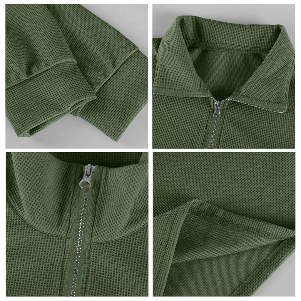 New Sweatshirts For Men Spring Waffle Long-sleeved T-shirt Men's Casual Loose Zipper Polo Collar Tees Tops Man Outwear