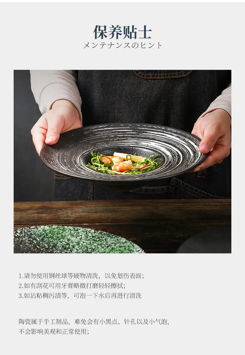 Italian Straw Hat Plate Commercial Italian Noodle Western Salad Plate Japanese Vintage Ceramic Plate UFO Round Deep Soup