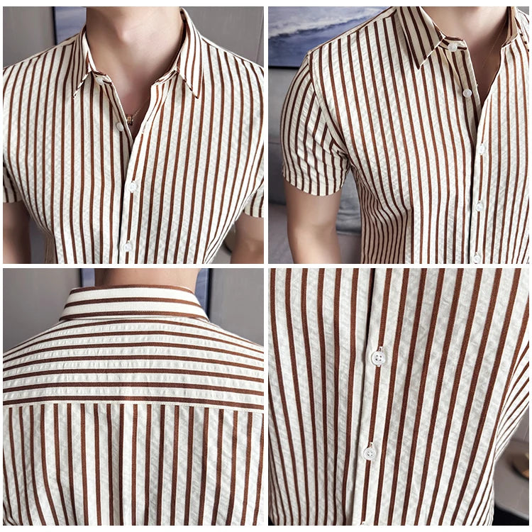 Men Striped Shirt 2026 Summer Light and Thin Breathable Sweat Absorbing Short Sleeved Slim Fit Casual Pleated Shirt Men Clothing