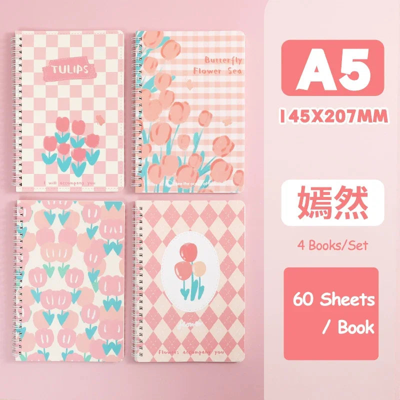 4 Books/Set A5 Coil Lined Notebook High Quality Kawaii Korean Stationery Cute School Supplies for Students