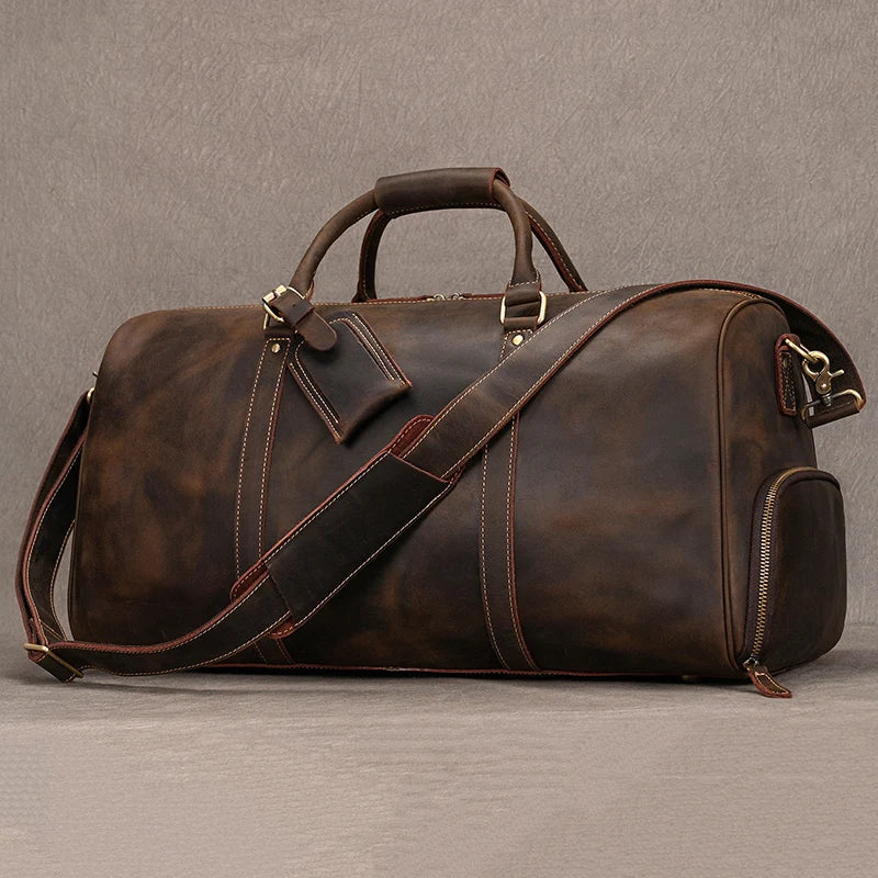 Big Capacity Genuine Leather Travel Bag For Men Women Soft Black Cowhide Casual Travel Duffel Large Luggage Weekend Shoulder Bag