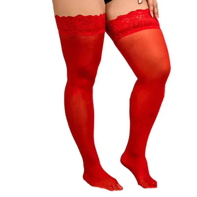 Lace Knee Thigh High Elastic Fishnet Stockings Sexy Transparent Thin Black Stocking White Plus Size Long Socks for Women Summer