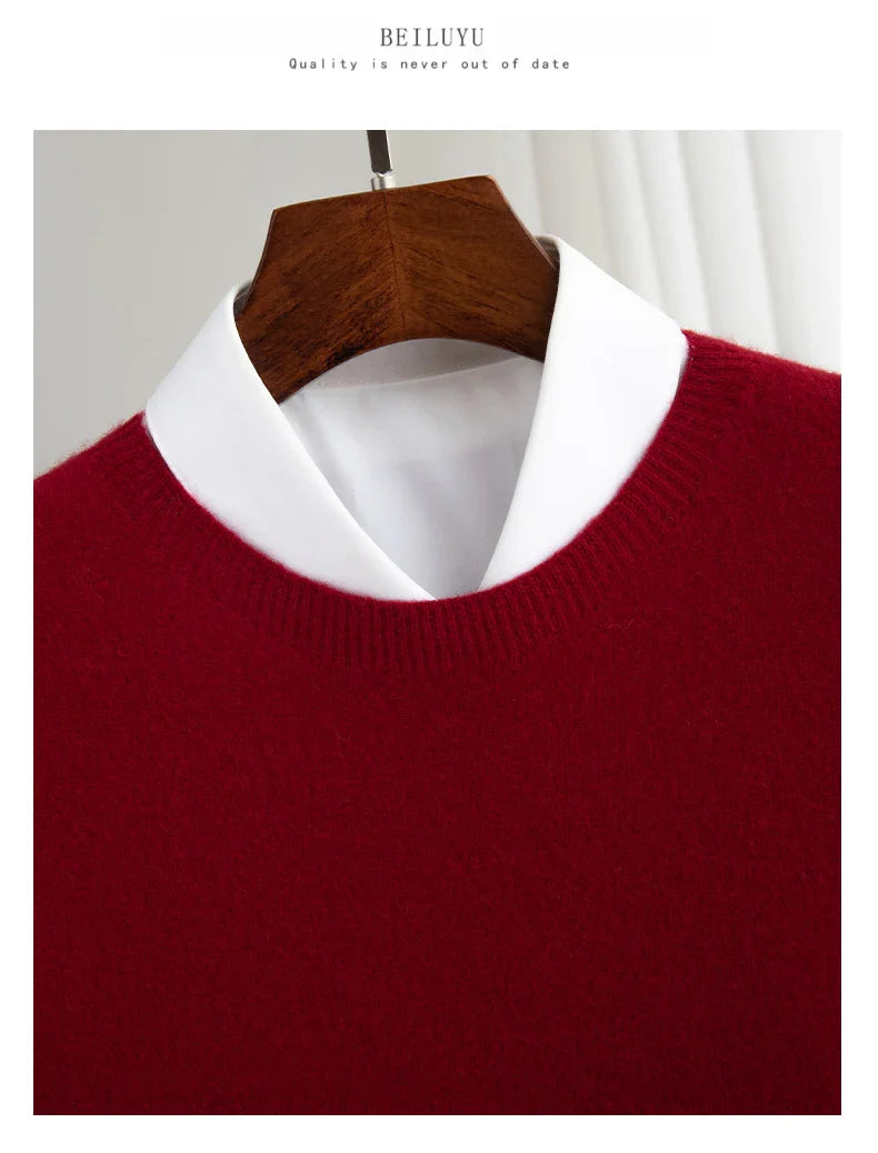 Autumn And Winter 100% Pure Wool Men's Thick Round Neck Slim-Fit  O-neck Pullover Long-Sleeved Knitted Cashmere Sweater