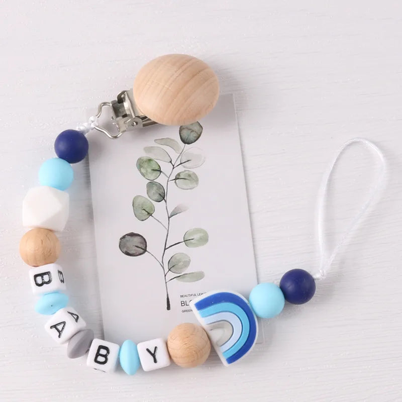 Custom Personalized Name Pacifier Holder Chain Handmade Beech Wooden Clip Cilicone Teether Baby Teething Toy Newborn Chew Gift