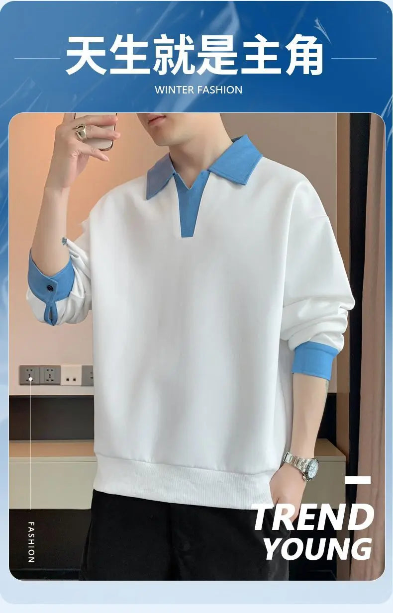 Men's Clothing Sweatshirts for Spring Autumn Two Pieces of Trendy Loose New Style Lapels Handsome Casual Long-sleeved Tops