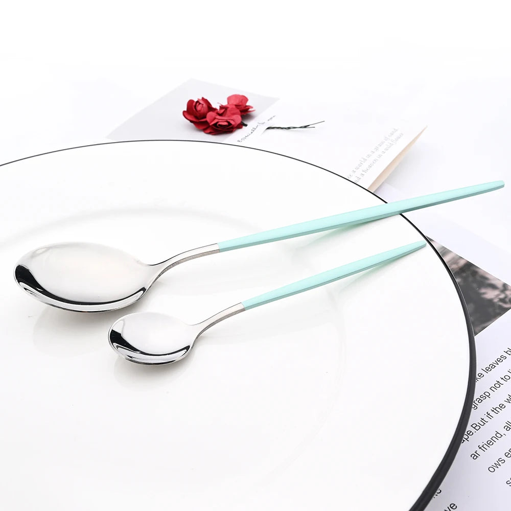 Drmfiy Pink Silver Stainless Steel Dinnerware Set Fork Knife Soup Ice Spoon Cutlery Set Western Flatware Kitchen Silverware Set