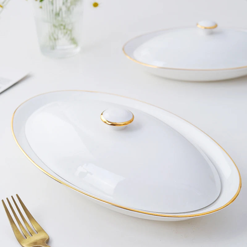 Steamed Fish Plate Oval Plate Abalone Juice Dish Sea Cucumber Plate Ceramic Dinnerware with Lid Hotel Restaurant dishes