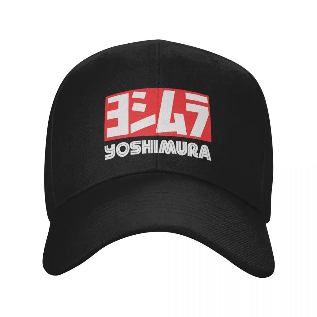 Yoshimura Motorcycle Racing Snapback Cap - Adjustable Black Baseball Hat with Bold Red & White Logo, Perfect for Sports Fans