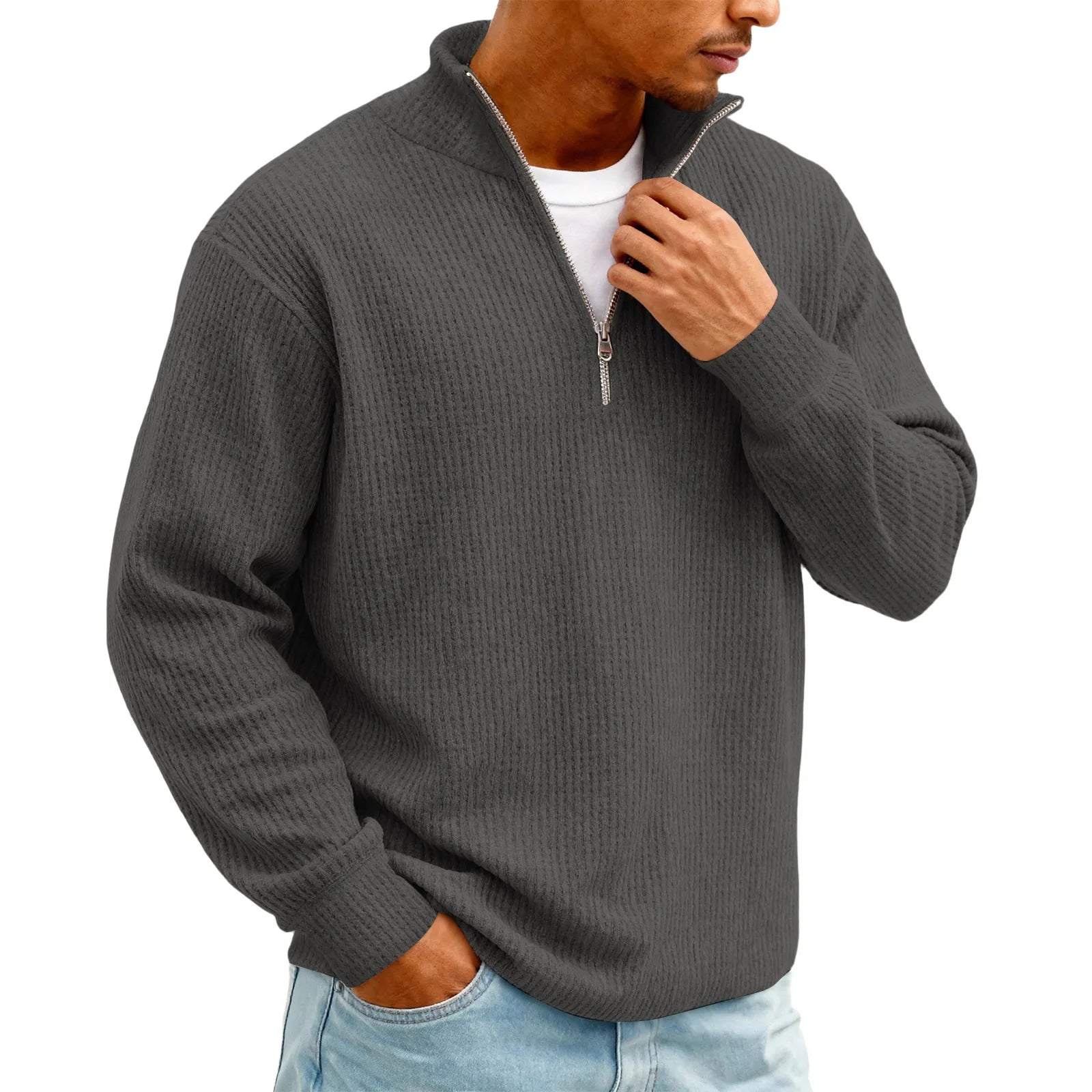 New Sweatshirts For Men Spring Waffle Long-sleeved T-shirt Men's Casual Loose Zipper Polo Collar Tees Tops Man Outwear