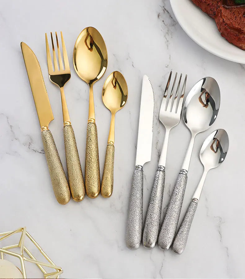 24 Pcs Stainless Steel Cutlery Hammer Pattern Ceramic Handle Knife Fork Spoon Set cutlery set travel cutlery set flatware set