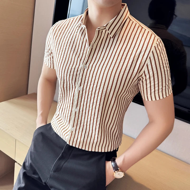 Men Striped Shirt 2026 Summer Light and Thin Breathable Sweat Absorbing Short Sleeved Slim Fit Casual Pleated Shirt Men Clothing