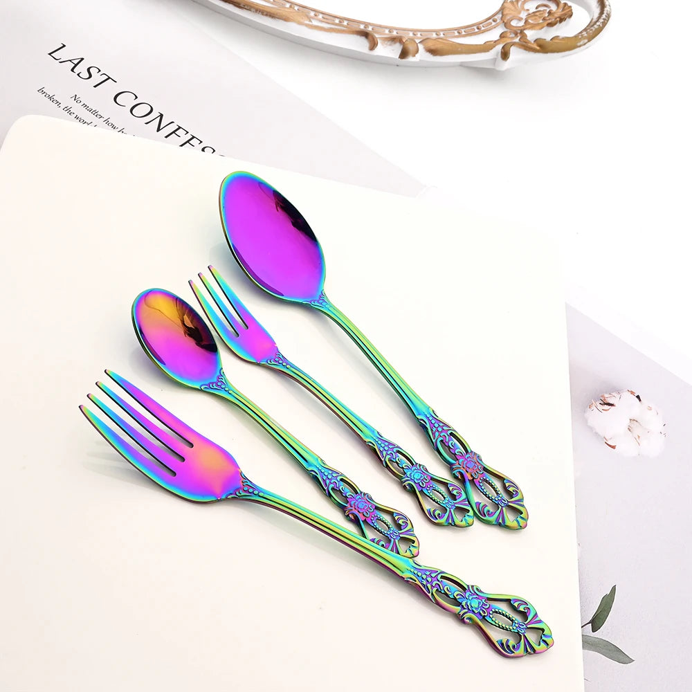 Stainless Steel Cutlery Set Knife Tea Fork Ice Cream Spoon Tableware Set Western Kitchen Flatware Rainbow Vintage Dinnerware Set
