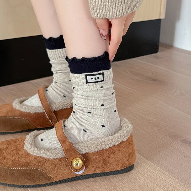 Socks For Women New Dots Cute Frilly Casual Fashion Long Socks Breathable Preppy Style Ladies Novelties Socks Cotton Soft Comfy