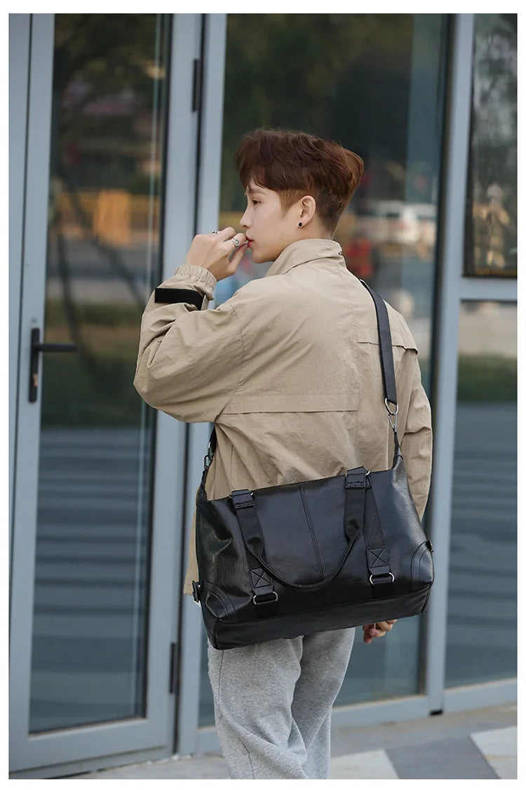 2023 New Men's Business PU Travel Handbag Soft Leather Texture Shoulder Bag Sports TrainingLarge Capacity Handheld Crossbody
