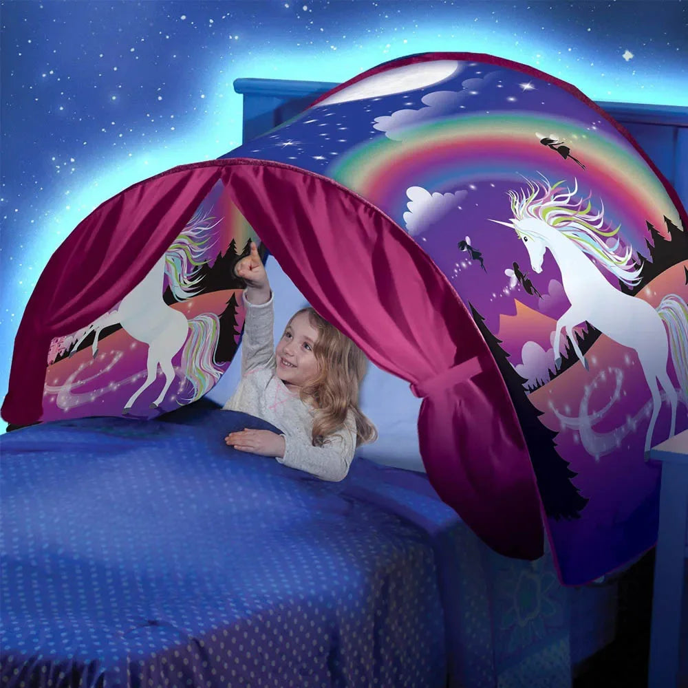 Funy Dream Tent with light for Kids Bed with Storage Pocket Foldable Kids Tent on Bed Mosquito Net Tent Gifts for toys