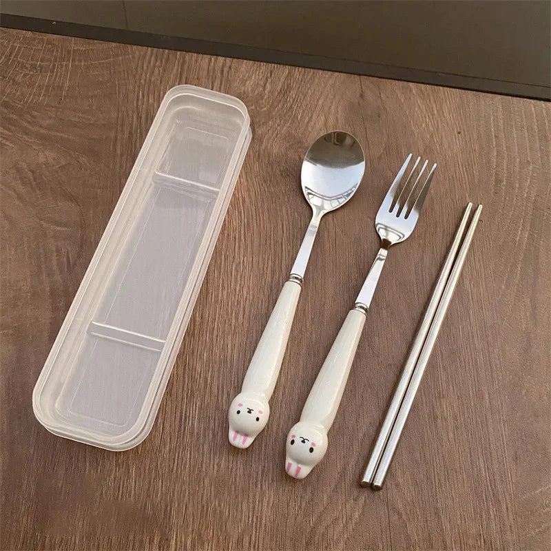 Cutlery Cartoon Rabbit Spoon Fork Chopsticks Sets Portable Lunch Tableware Stainless Steel Travel Dinnerware Kitchen Supplies