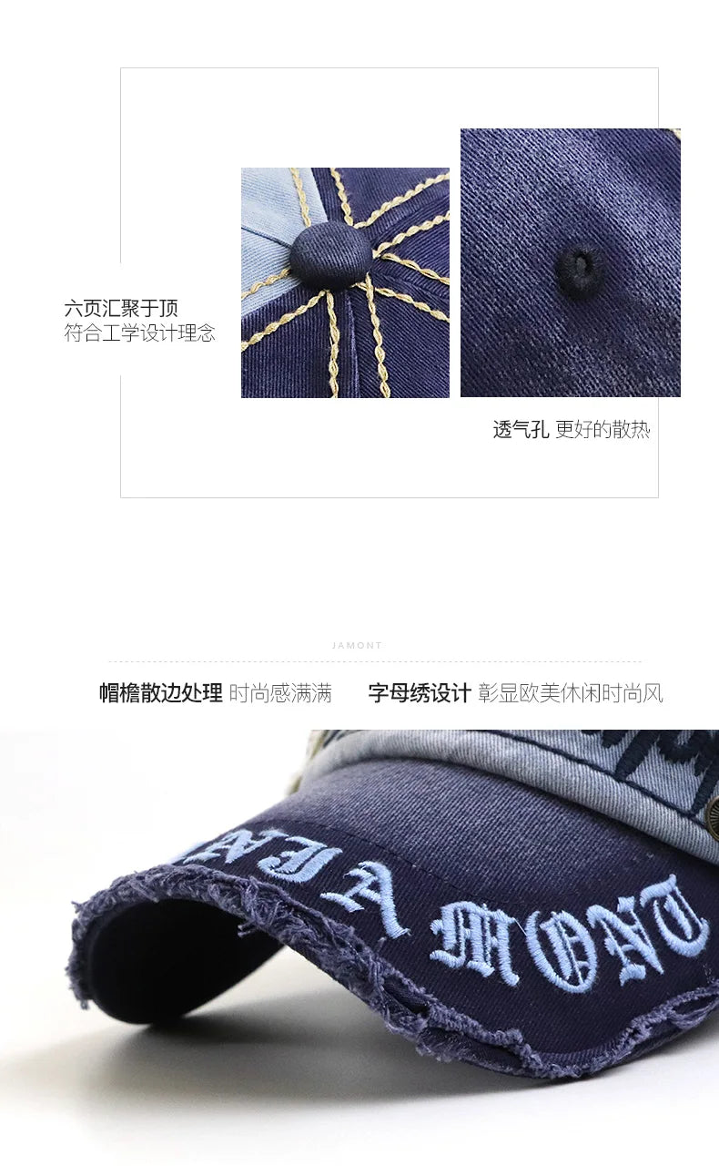 Vintage Washable Cowboy Baseball Cap Embroidery Snapback Hat for Men Women Worn Out Hip Hop Caps Adjustable Solid Cotton Sun Hat