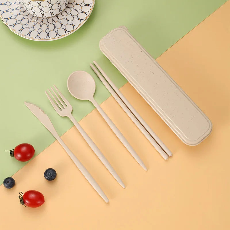 4-piece Portable Utensils, Healthy Eco-Friendly Wheat Straw Cutlery, Reusable Chopstick Fork Knife Spoon Set