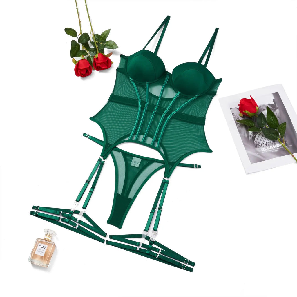 MUZISKAT Mesh  Lingerie Luxury Brand Bodysuit Backless Tops for Women 3 Piece Lingerie Set with Garter Sexydresses for Women