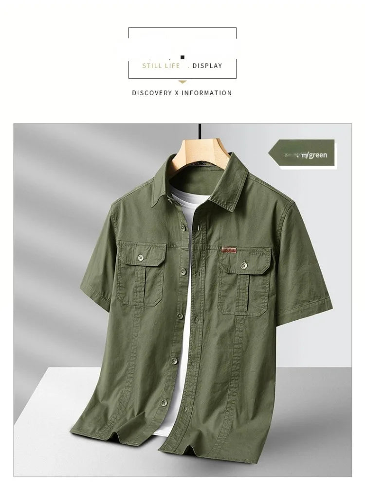 Summer Short Sleeve Shirt Men 100 Cotton Refreshing Breathable Sweat Absorbing Shirt Climbing Work Clothes Pocket Fishing Shirt