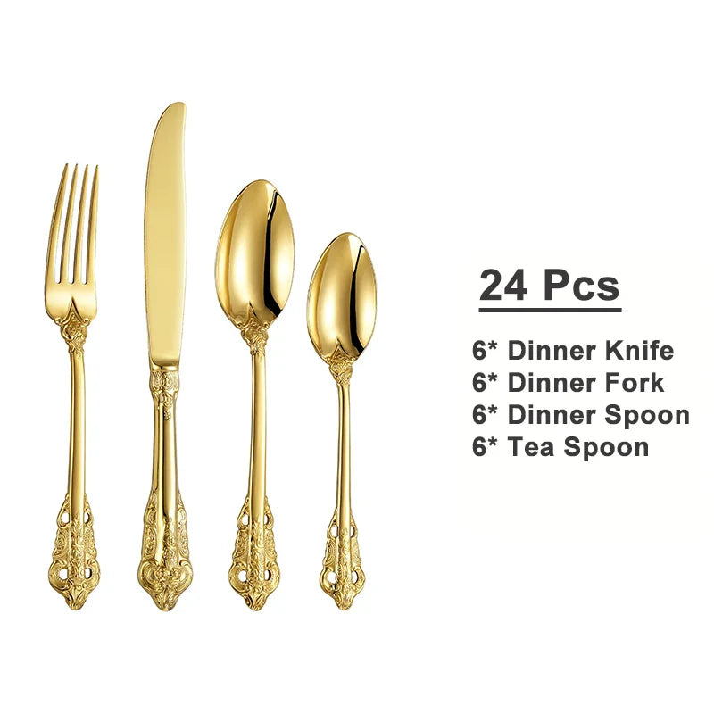 24/30pcs Vintage Cutlery Set Luxury Stainless Steel Flatware Set Forks Knive Spoons Tableware Set Kitchen Utensils