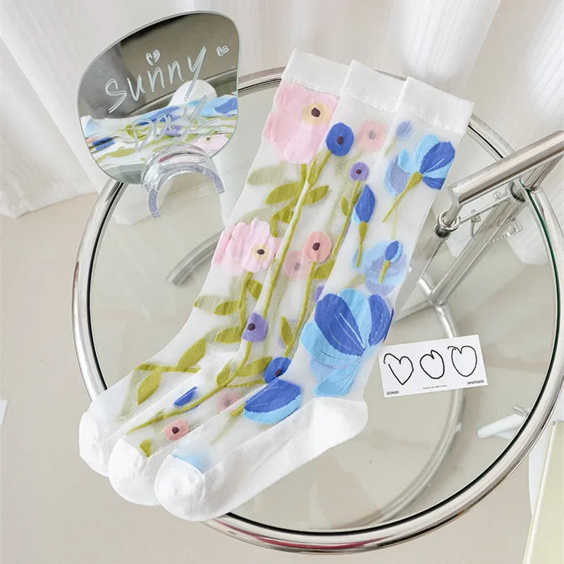 Stockings Women Summer Ultra-thin Transparent Nylon Long Socks Floral Print Sexy Lace Mesh Fishnet Stockings Kawaii Knee Socks