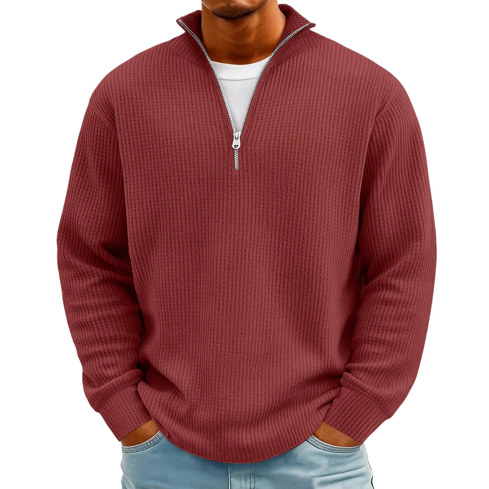 New Sweatshirts For Men Spring Waffle Long-sleeved T-shirt Men's Casual Loose Zipper Polo Collar Tees Tops Man Outwear
