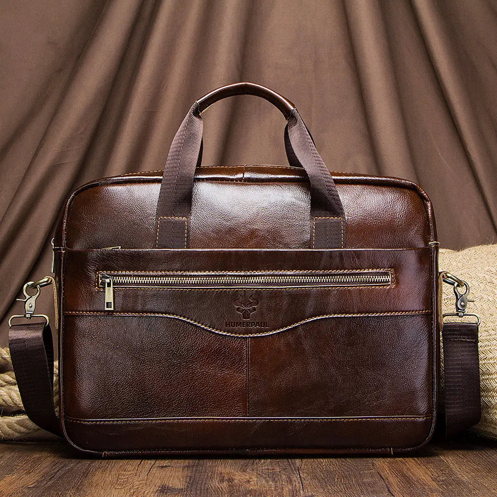 HUMERPAUL Briefcase Men Business Shoulder Messenger Bags Genuine Leather 15" Laptop Bag Men's Briefcase Office Business Handbag