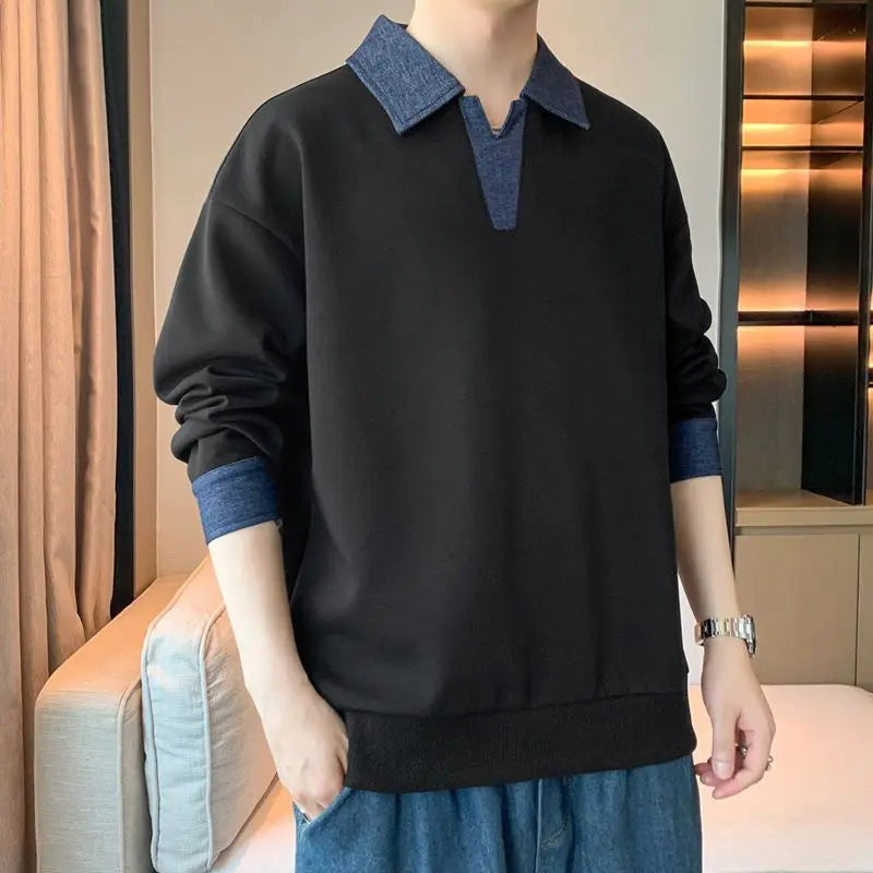 Men's Clothing Sweatshirts for Spring Autumn Two Pieces of Trendy Loose New Style Lapels Handsome Casual Long-sleeved Tops