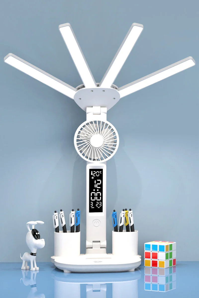 3in1 Multifunction Table Lamp LED Four-headed Folding With Fan Calendar Clock USB Rechargeable Desk light 3 color Reading Lamp