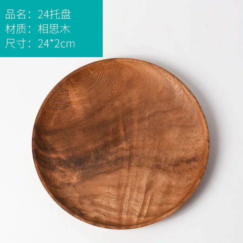 Japanese Household Dishes Acacia Wood Round Tableware Salad Dessert Tray Vintage Wood Dinnerware Set Plates Serving Platter