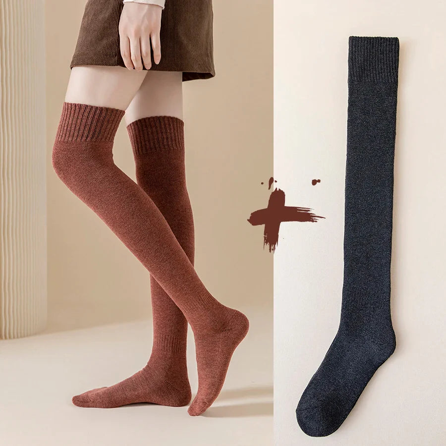 2 Pairs/Lot Winter Warm Thick Stockings Socks Women Over Knee High Hold Up Cotton Sexy Slim Ladies Girls Halloween Gift 6 Colors