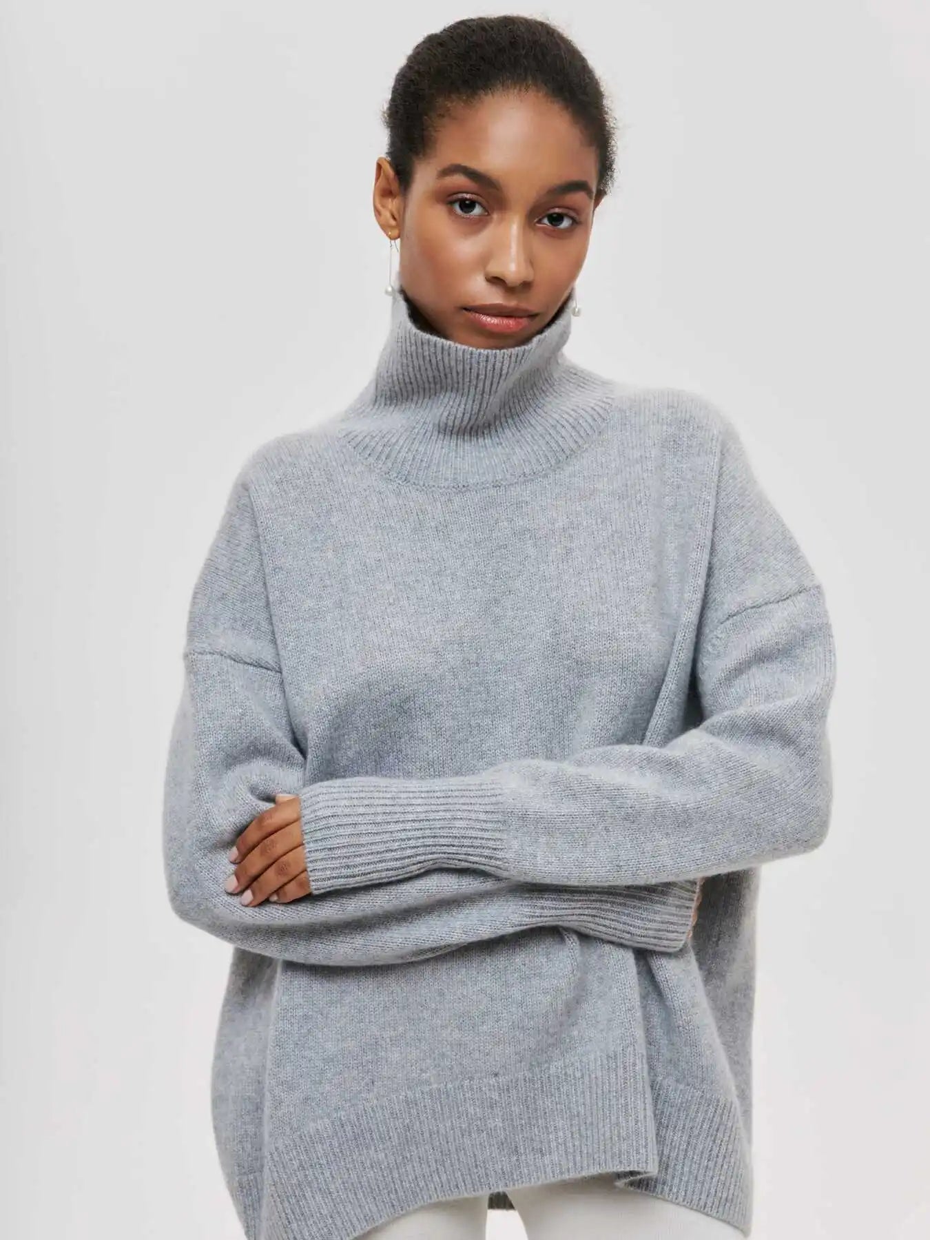 Original Light Luxury O-neck Knit Sweater Autumn and Winter Women's Elegant Loose Mock Neck Solid Color Warm Outerwear Sweater