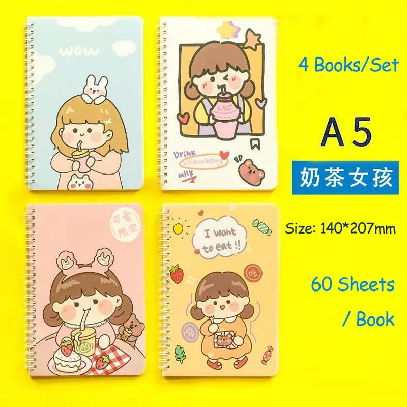 4 Books/Set A5 Coil Lined Notebook High Quality Kawaii Korean Stationery Cute School Supplies for Students