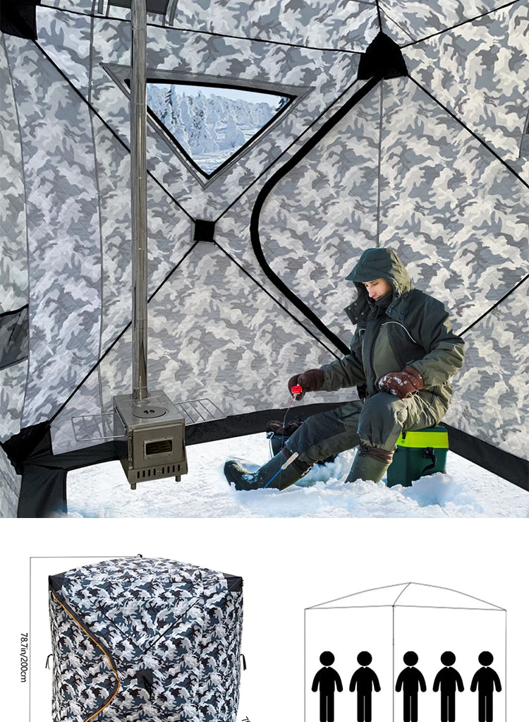 4 Person Ice Fishing Tent, Windproof Insulated Cotton Shelter with Quick Setup, Portable Thickened Warm Winter Tent for Outdoor