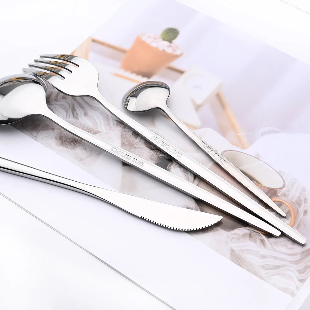 Drmfiy Pink Silver Stainless Steel Dinnerware Set Fork Knife Soup Ice Spoon Cutlery Set Western Flatware Kitchen Silverware Set