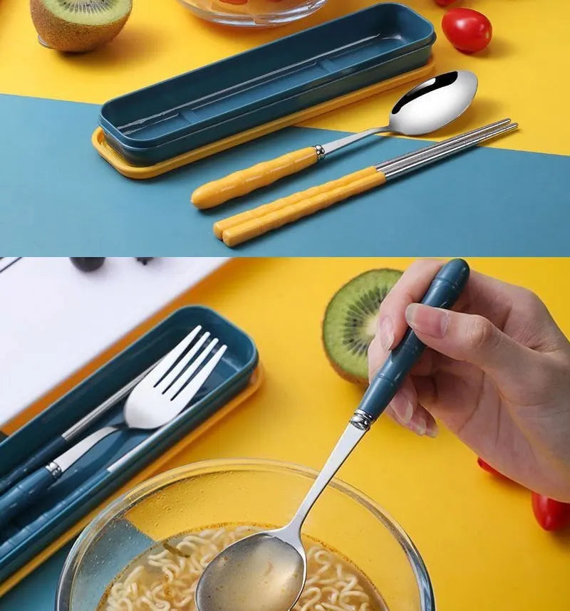 3pcs Portable Dinnerware Kit Spoon Fork Chopstick Set Travel Flatware With Box Set Stainless Steel Travelling Dinnerware Set