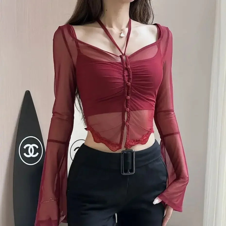 Sheer T-shirts for Women Hot Girls Summer Clothing All-match Solid High Street Sexy Chic Long Sleeve Thin Young Skinny Casual