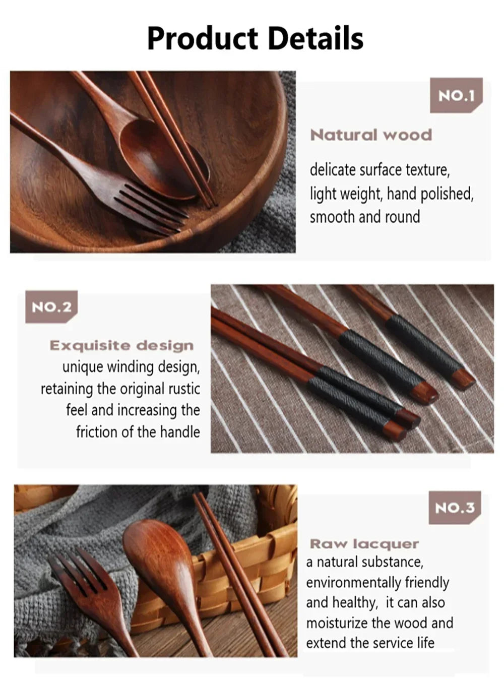 3 Piece Set Stainless Steel Cutlery Wooden Tableware Coffees and Teas Tableware Forks Spoon Korean Plates Dinner Sets Chopsticks