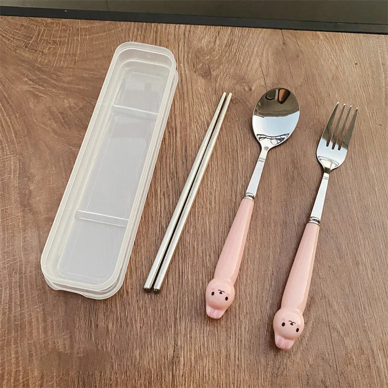 Cutlery Cartoon Rabbit Spoon Fork Chopsticks Sets Portable Lunch Tableware Stainless Steel Travel Dinnerware Kitchen Supplies