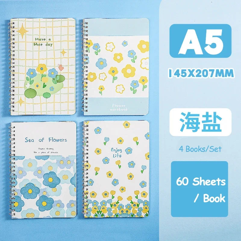4 Books/Set A5 Coil Lined Notebook High Quality Kawaii Korean Stationery Cute School Supplies for Students