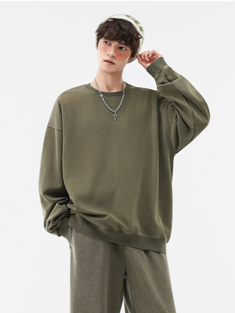 Men's Washed Faded Sweatshirts 330GSM Cotton Polyester O-Neck Knit Sports Pullover Tops Street Y2K Oversized Sweatshirts Unisex