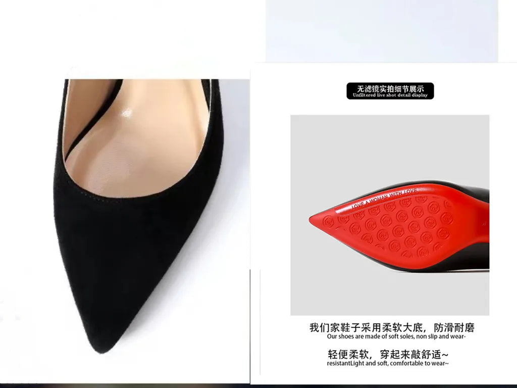 2022 Autumn New Women's High Heels Shoes Sexy Pointed Suede Red Shiny Bottom Pumps Fashionable Temperament Shallow Wedding Shoes