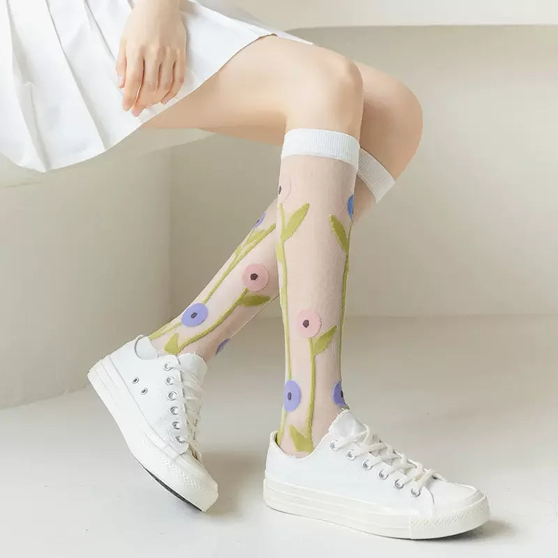 Stockings Women Summer Ultra-thin Transparent Nylon Long Socks Floral Print Sexy Lace Mesh Fishnet Stockings Kawaii Knee Socks
