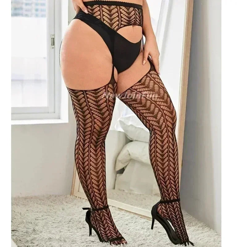 FREEAUCE Women Large Plus Size Stockings with Anti-slip Oversized Lace XXXL Thigh High Sheer Fishnet Black Long Knee Socks