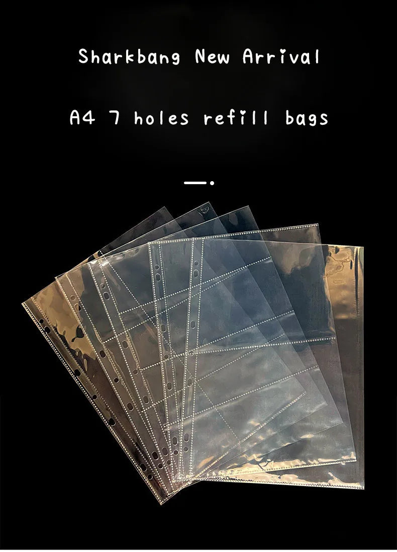 Sharkbang 10pcs A4 Binder Sleeves 7 Holes Postcards Sticker Organizer 11 Designs PP Refill Ring Bags Stationery Accessories
