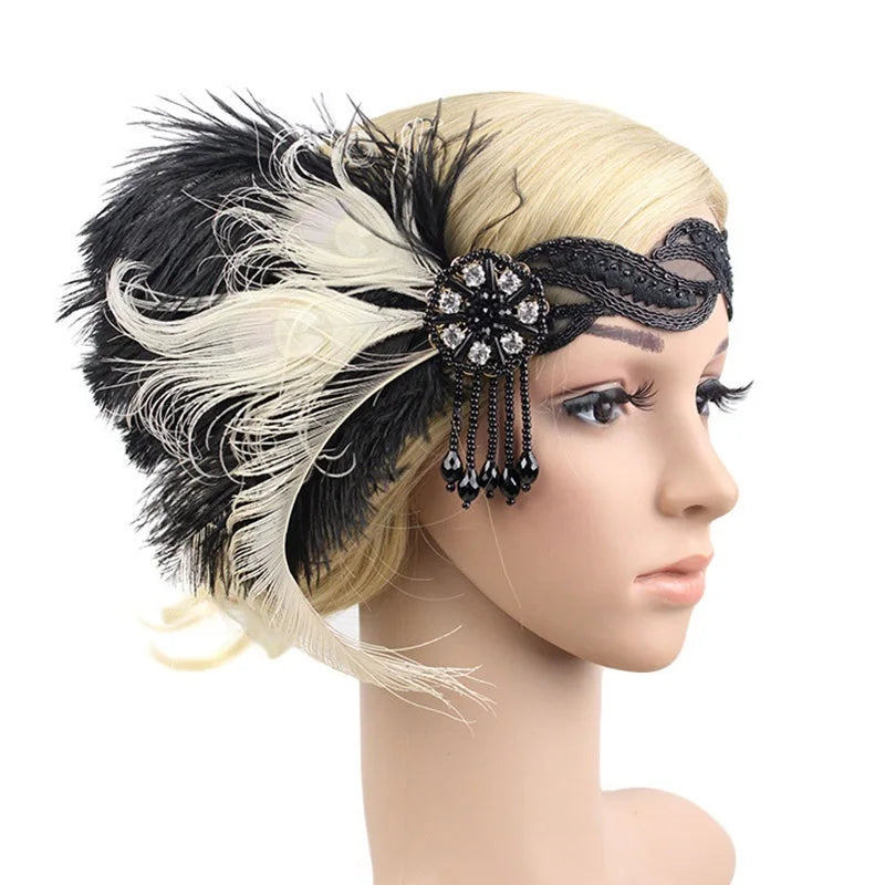 Hair Accessories For Women Girls Black Headband Rhinestone Sequin Vintage Party Headpiece Beaded Flapper Hair Feather Headband