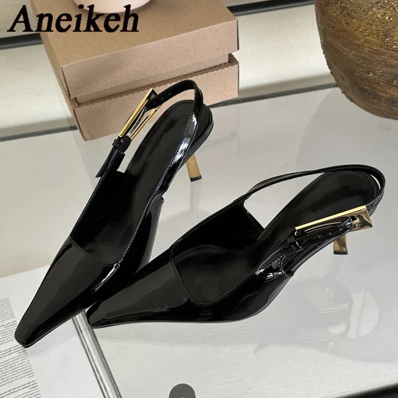 Aneikeh 2024 Summer New Band Women Pumps Shoes Fashion Shallow Slip On Slingback Sandals Thin High Heel Dress Sexy Pumps Shoes