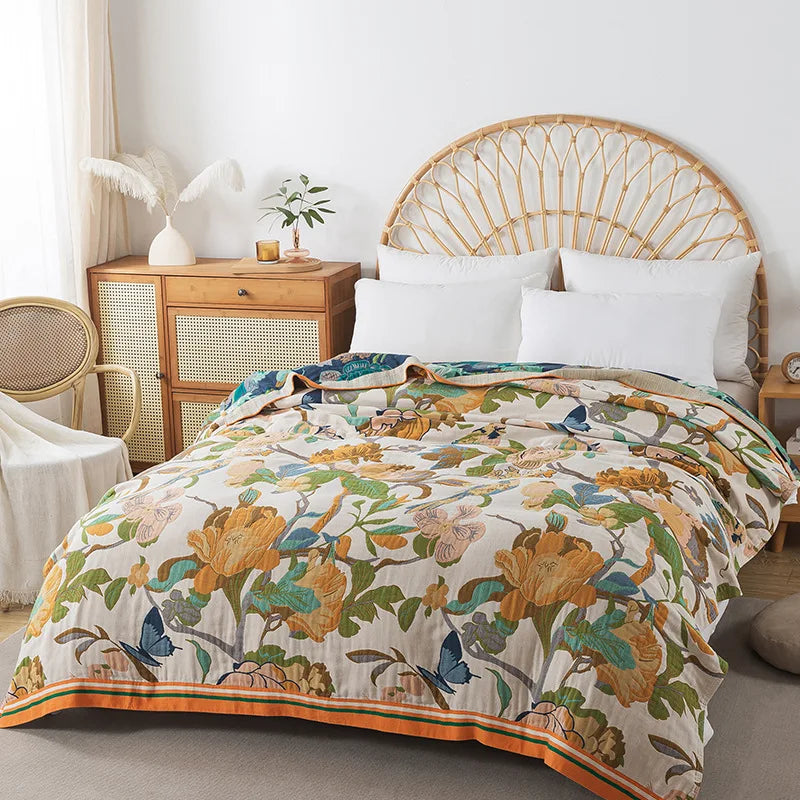 Bedspread On The Bed Cotton Gauze Floral Pattern Towel Coverlet 4 Layer Of Terry Quilts Single Double Bed Cover Blanket 200*230