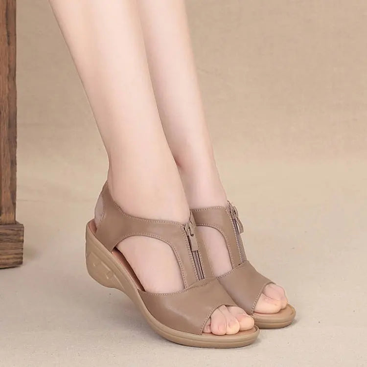 WOIZGIC Women Old Mother Laides Female Sandals Platform Shoes PU Leather Non Slip Beach Summer Cool Zipper Size 35-41 PGP-1153